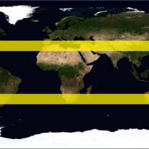 Weltkarte mit farblicher Hervorhebung der subtropischen Klimazone als erklärende Grafik.